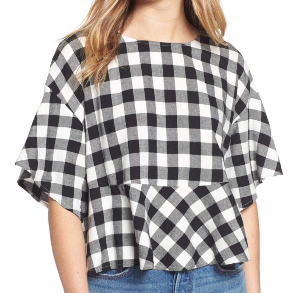 BP. Black & White Plaid Peplum Top